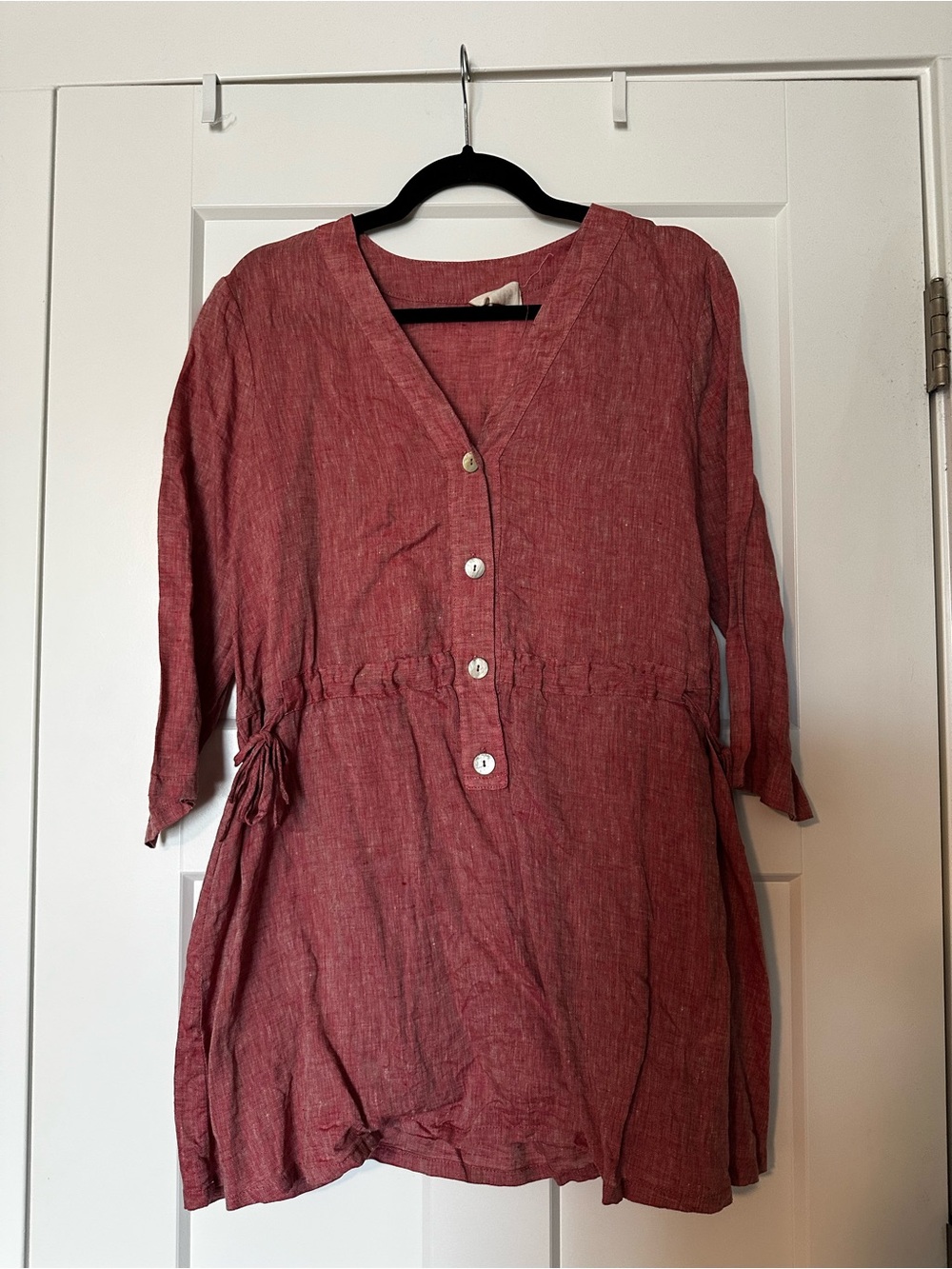 Chalet et Ceci Red Button-Front Linen Tunic with Drawstring Waist